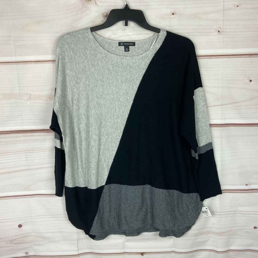 INC Concepts Sweater Womens 0X Black Gray Knit Colorblock Pullover Round Neck